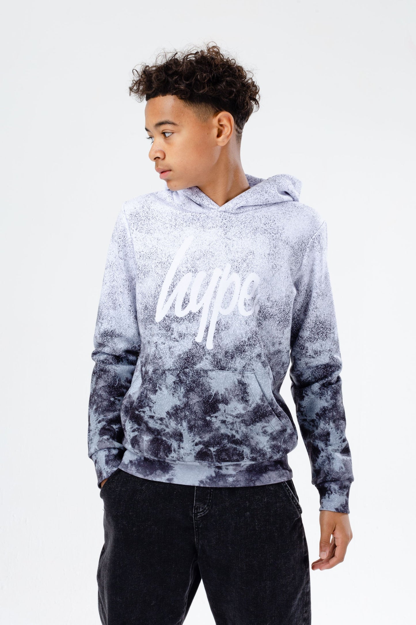 HYPE BOYS BLACK ACID WASH FADE SCRIPT HOODIE