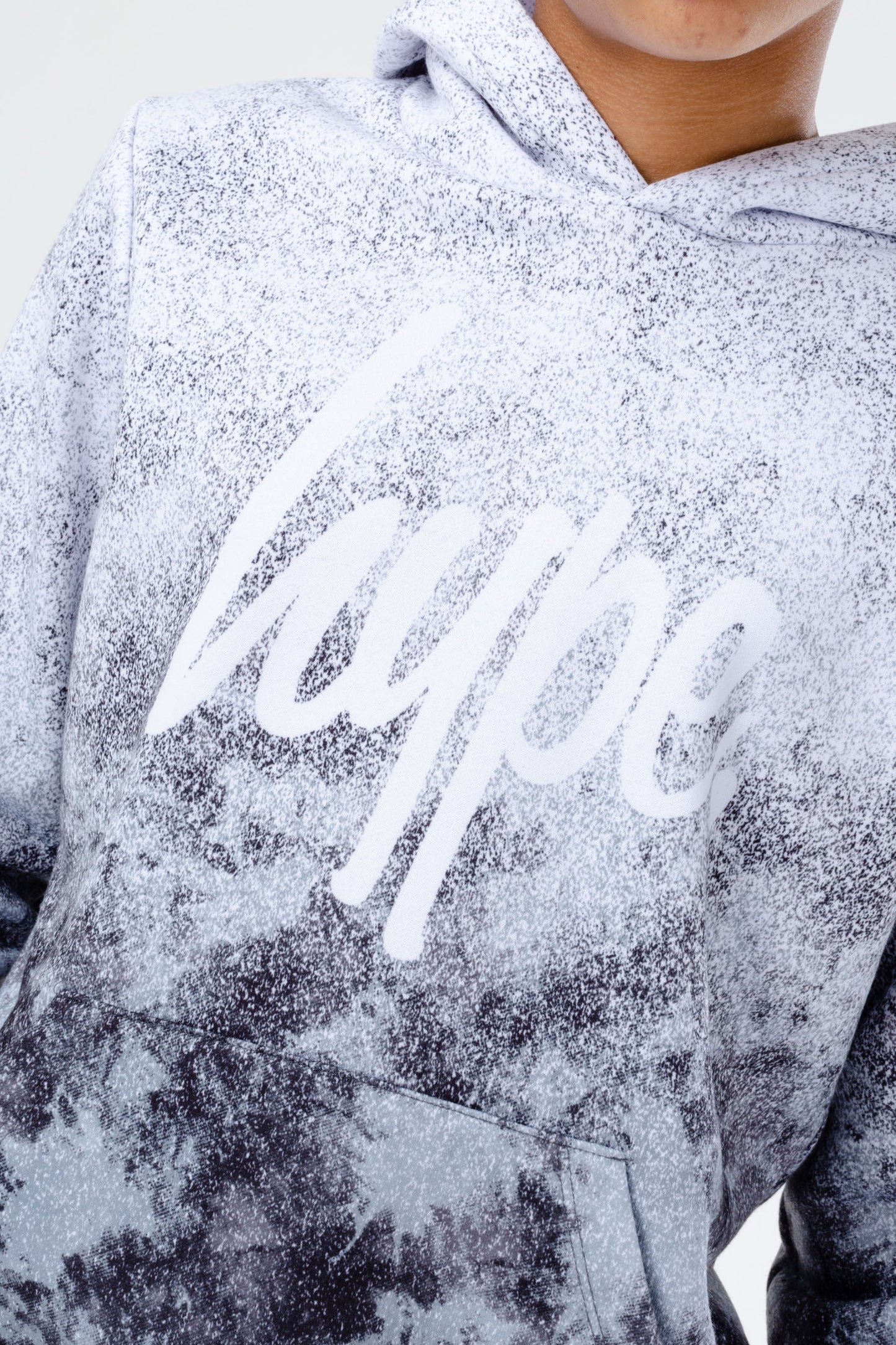 HYPE BOYS BLACK ACID WASH FADE SCRIPT HOODIE