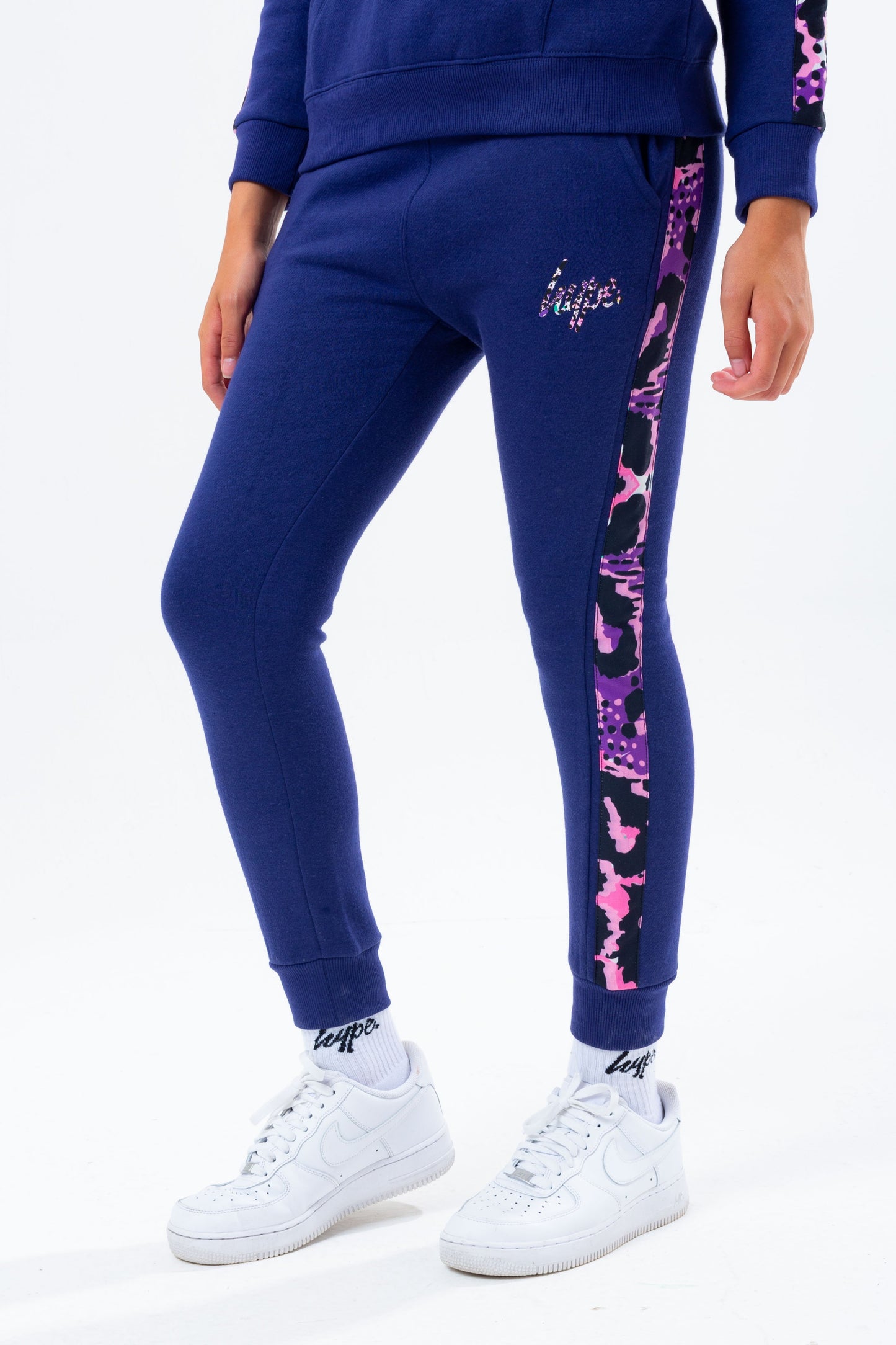 HYPE NAVY LEOPARD PANEL GIRLS TRACKSUIT SET