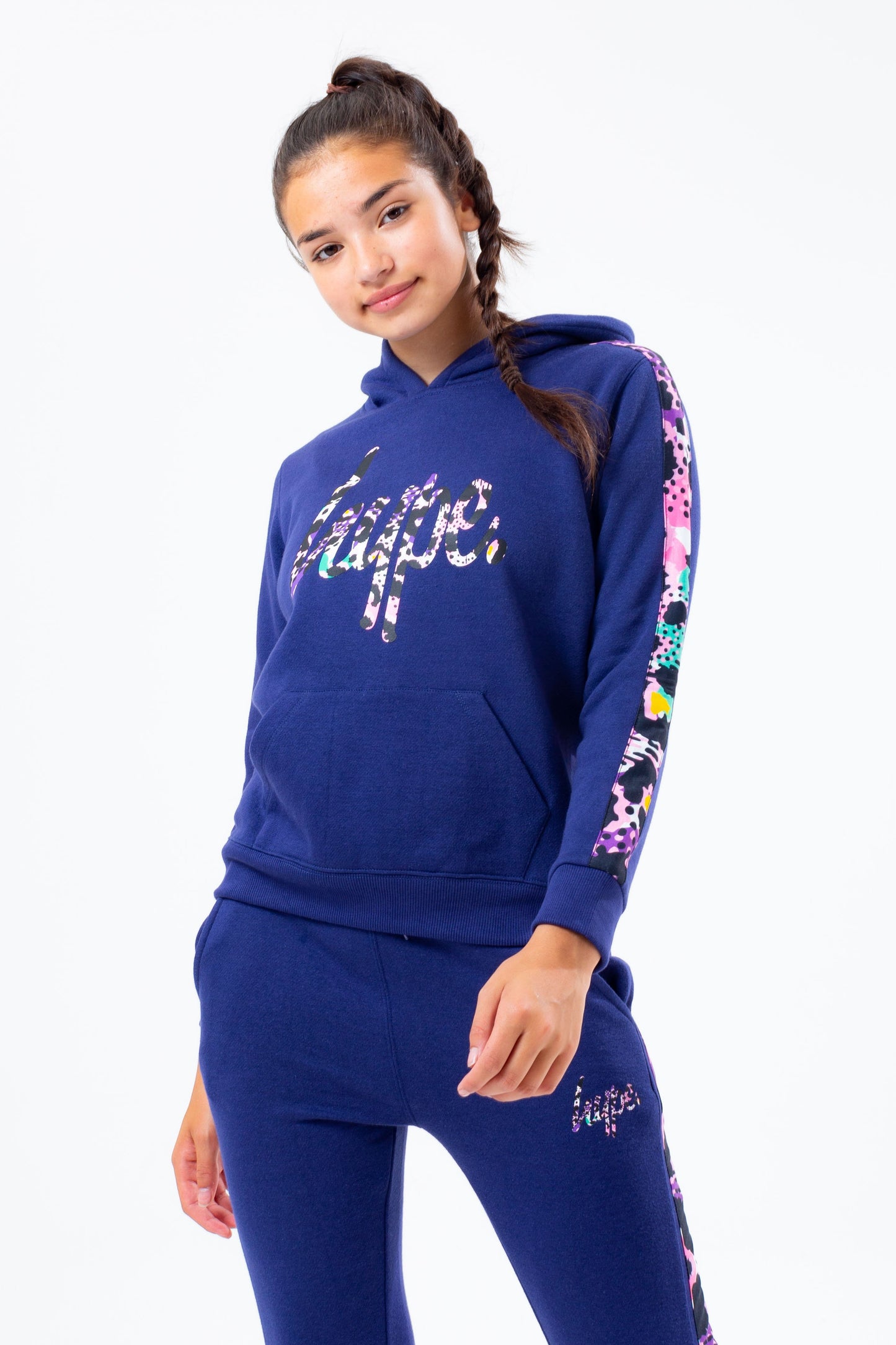 HYPE NAVY LEOPARD PANEL GIRLS TRACKSUIT SET