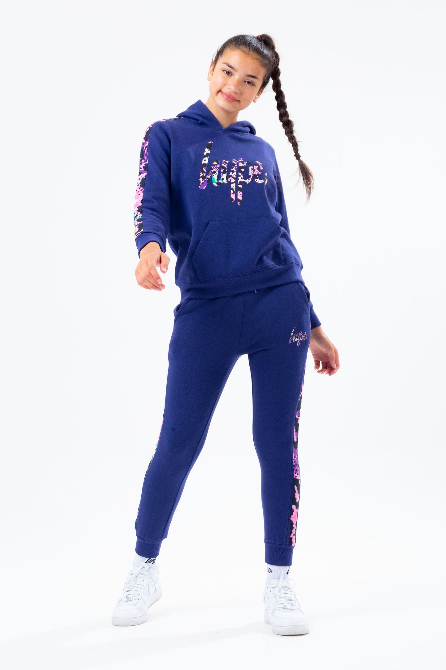 HYPE NAVY LEOPARD PANEL GIRLS TRACKSUIT SET