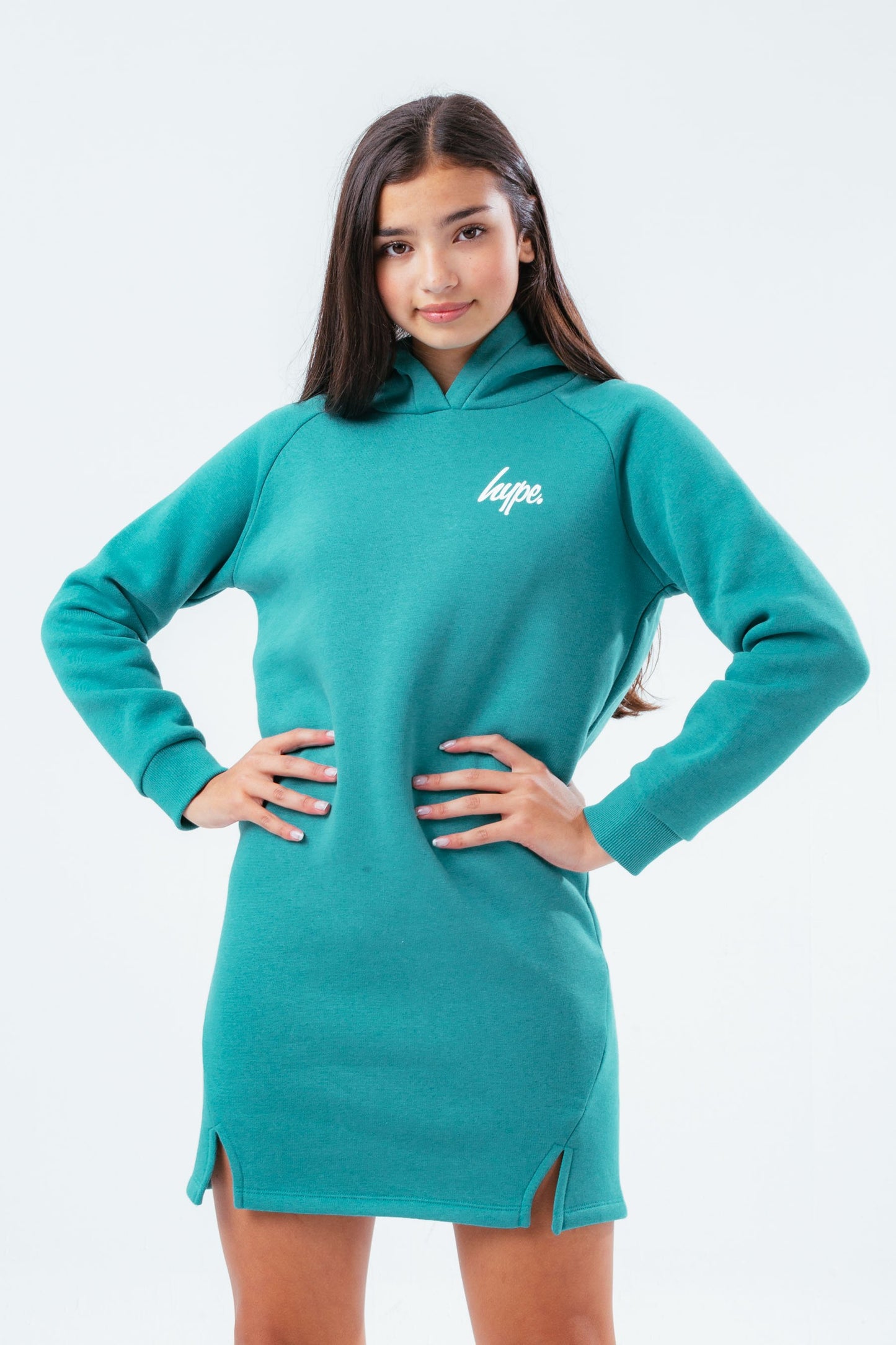 HYPE GIRLS TEAL LONGLINE SCRIPT SIDE SLIT HOODIE