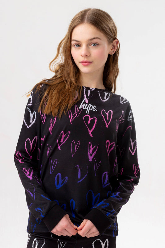 HYPE GIRLS BLACK FADE HEART DROP SHOULDER LONG SLEEVE T-SHIRT