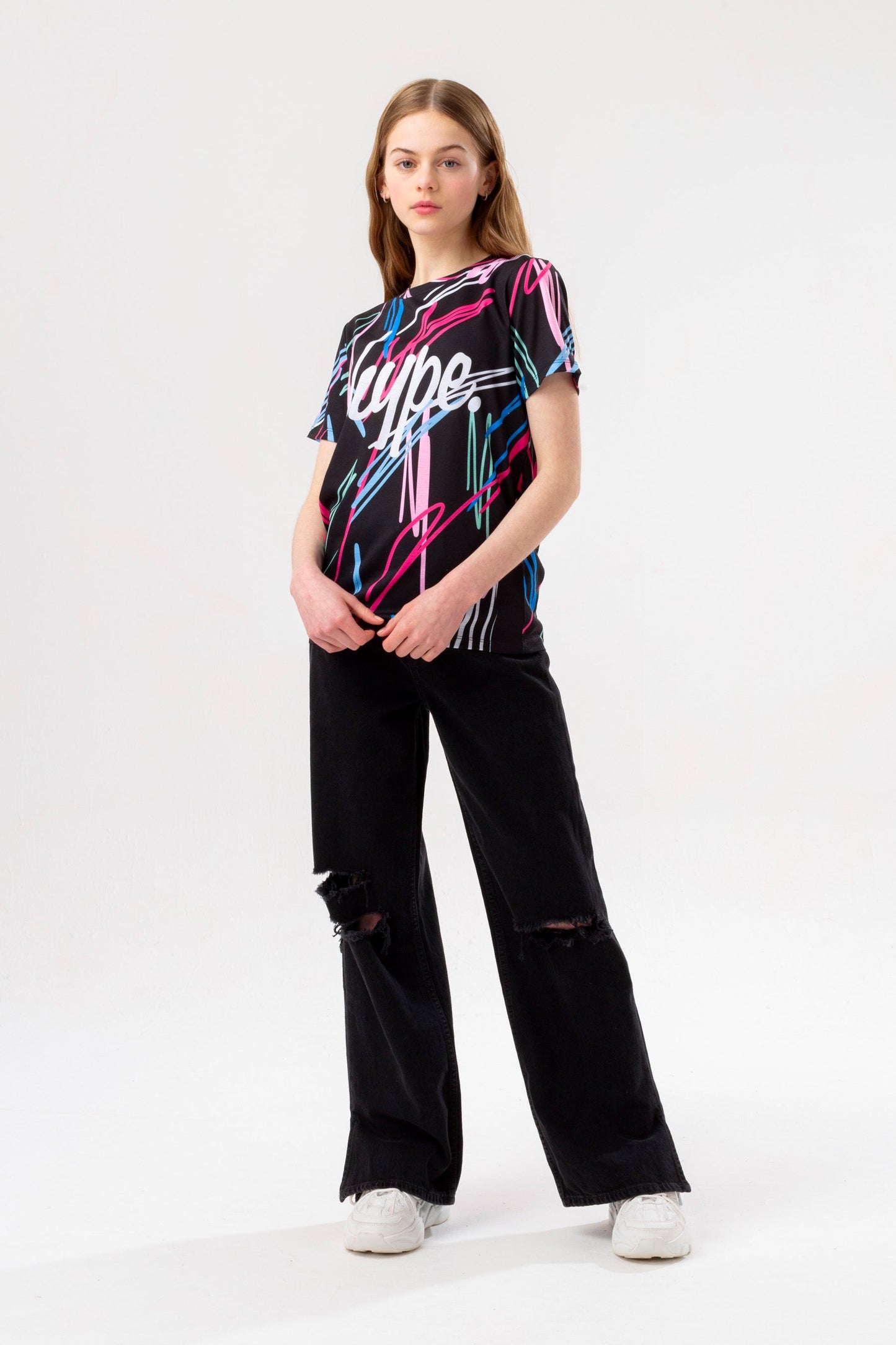 HYPE GIRLS BLACK SCRIBBLE SCRIPT T-SHIRT