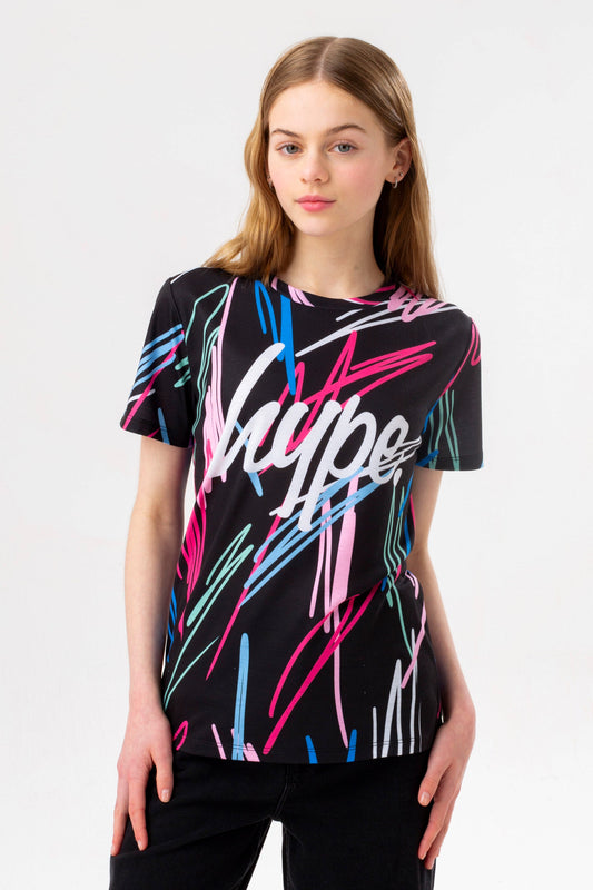 HYPE GIRLS BLACK SCRIBBLE SCRIPT T-SHIRT