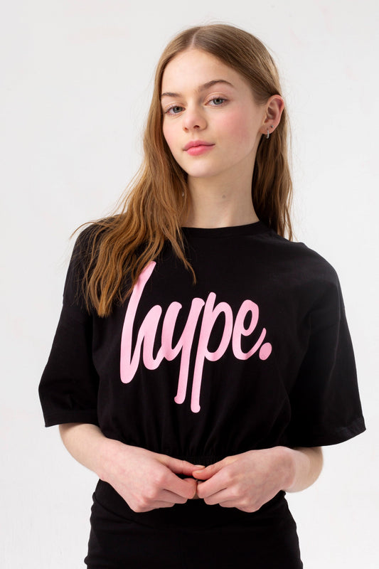 HYPE GIRLS BLACK SCRIPT ELASTICATED WAIST T-SHIRT