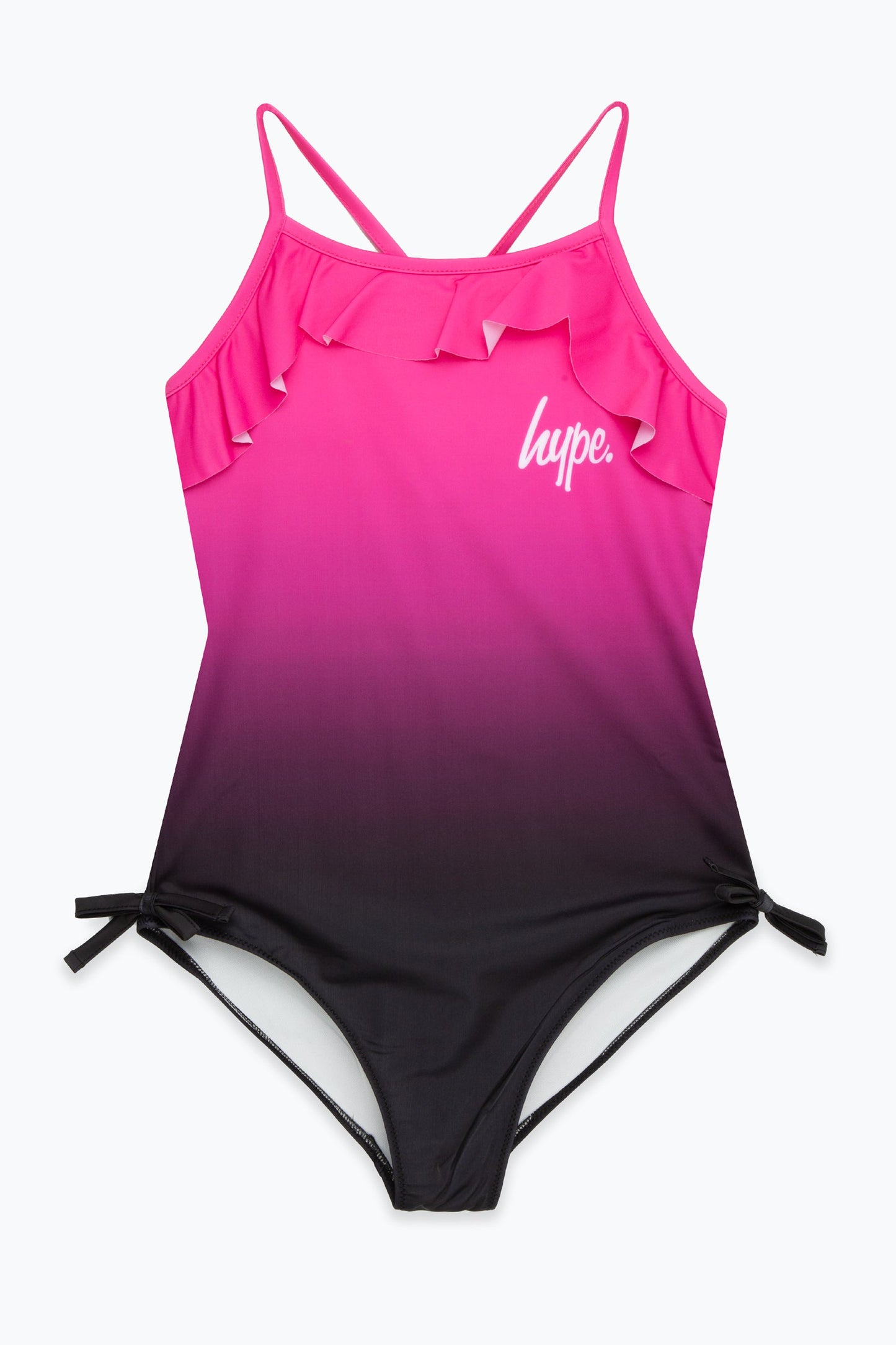 HYPE GIRLS PINK BLACK FADE FRILLY SCRIPT SWIMSUIT