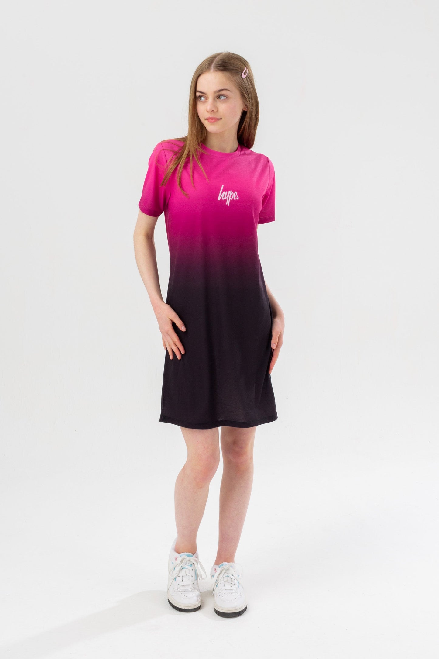 HYPE GIRLS PINK TO BLACK FADE SCRIPT T-SHIRT DRESS