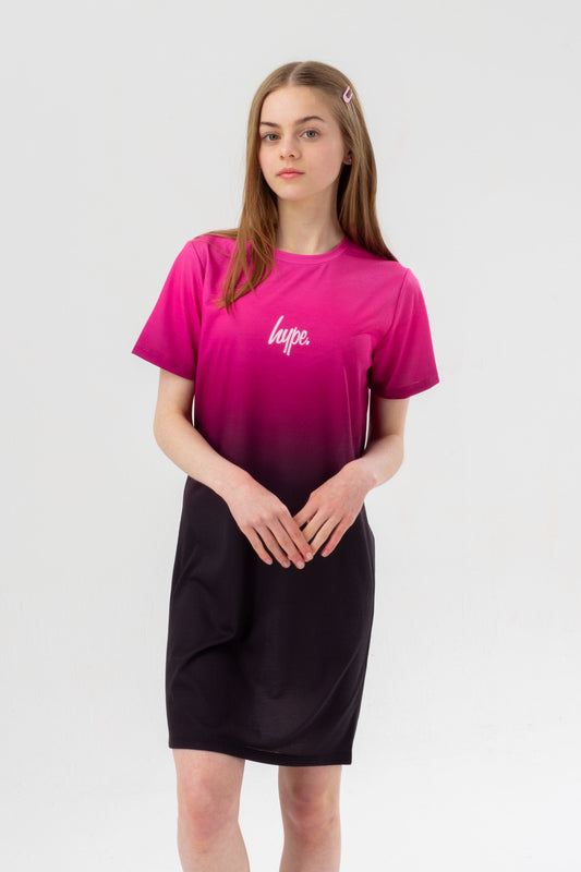 HYPE GIRLS PINK TO BLACK FADE SCRIPT T-SHIRT DRESS