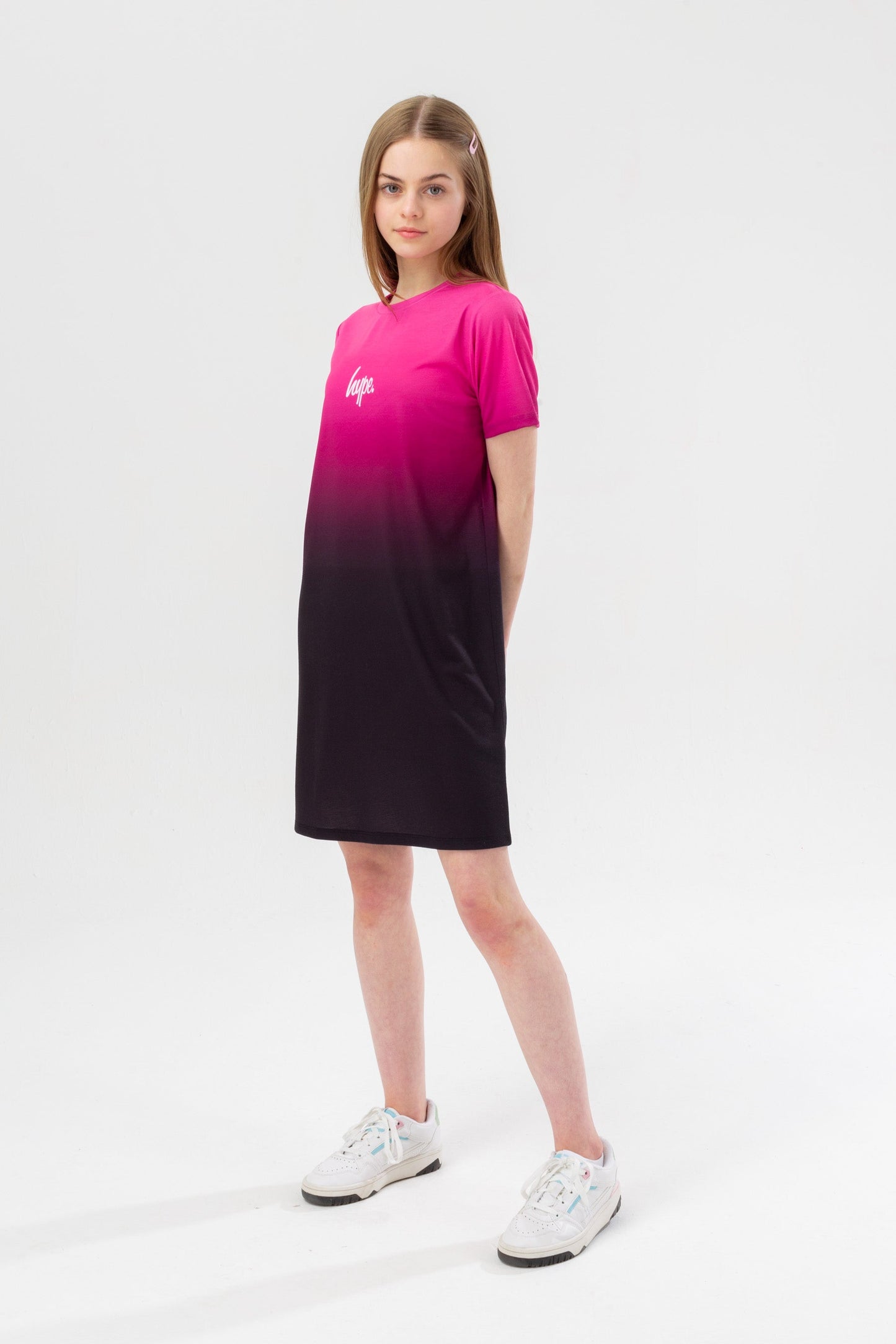 HYPE GIRLS PINK TO BLACK FADE SCRIPT T-SHIRT DRESS