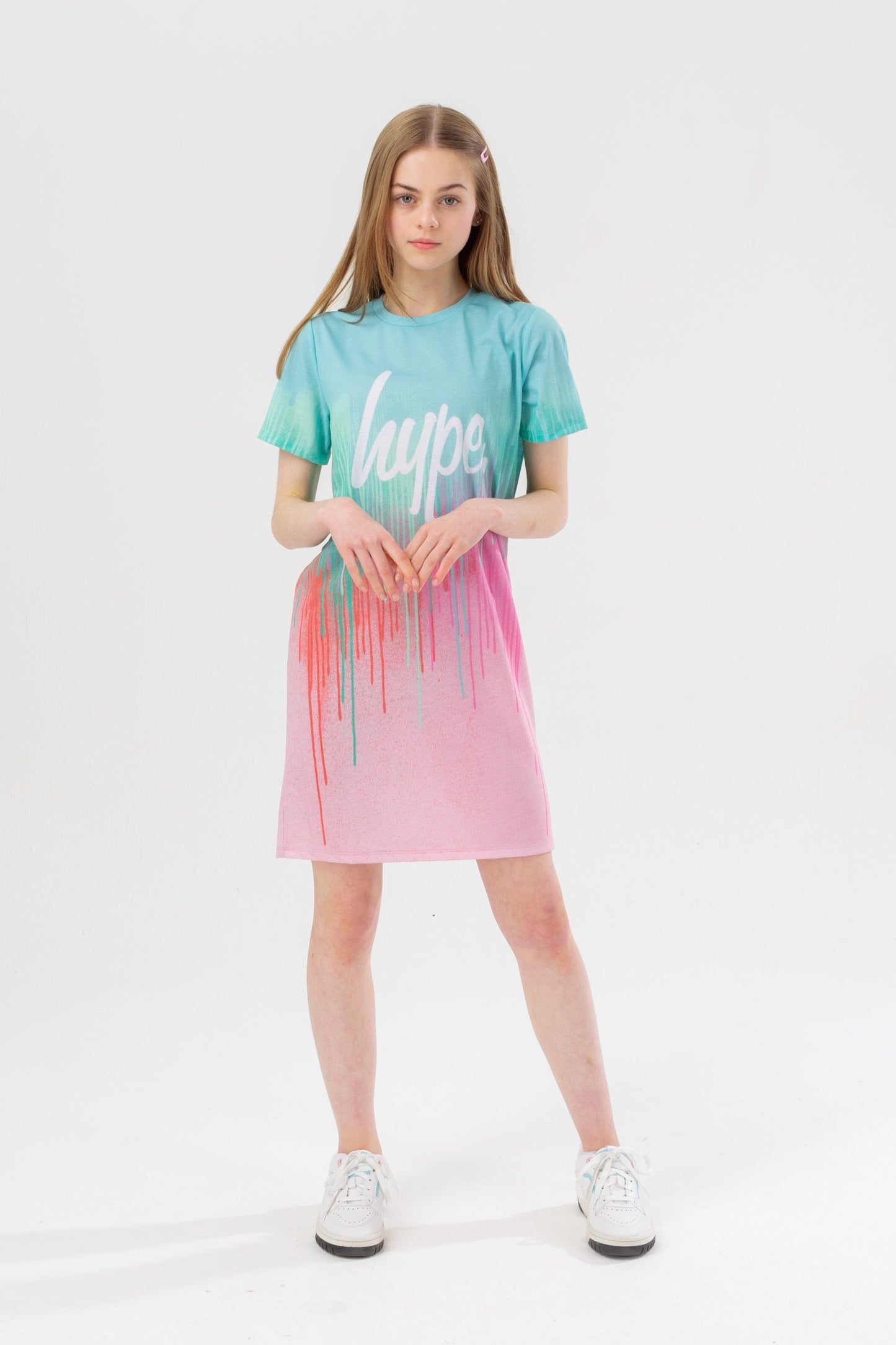 HYPE GIRLS PINK MINT DRIP SCRIPT T-SHIRT DRESS