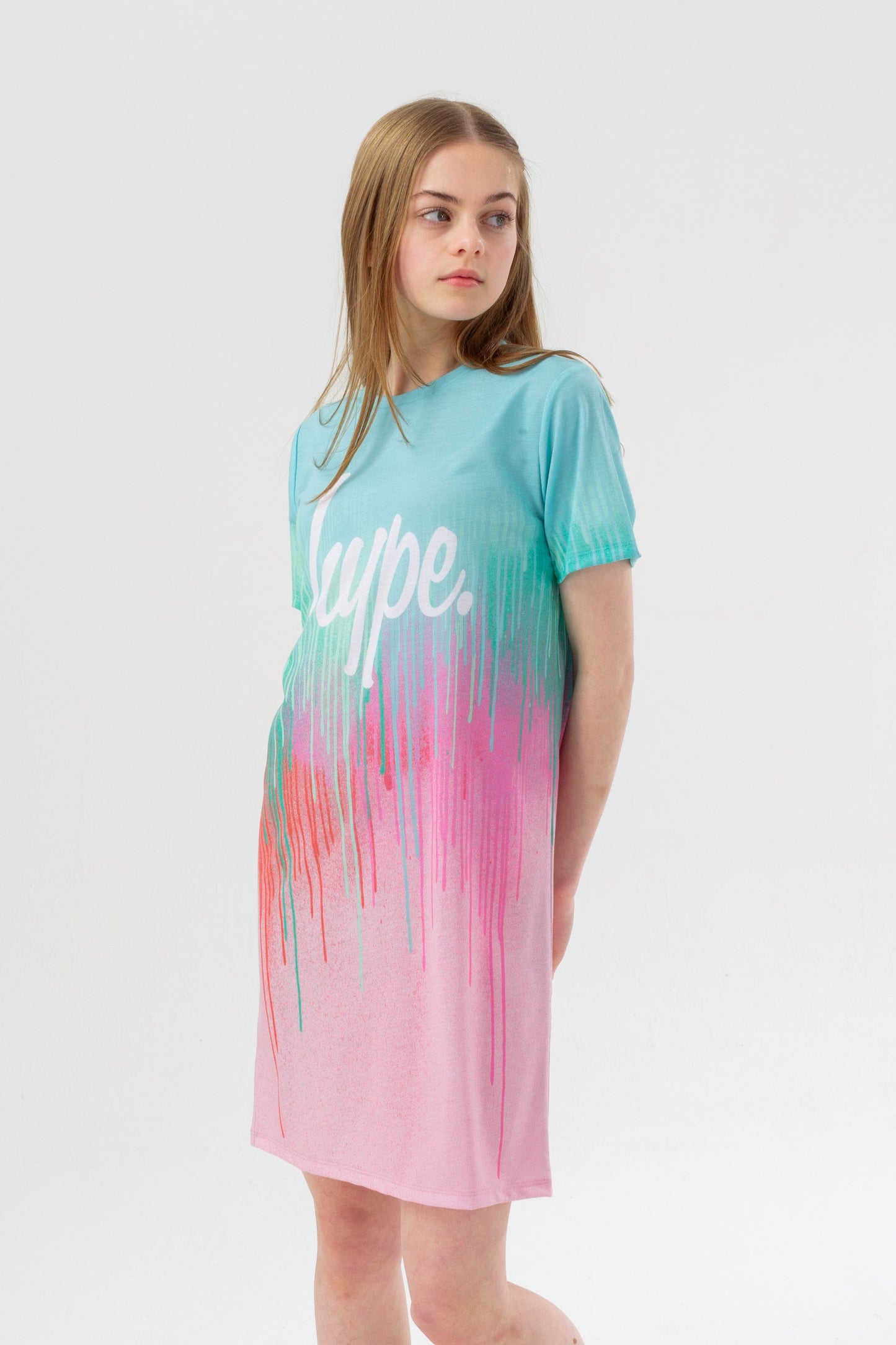 HYPE GIRLS PINK MINT DRIP SCRIPT T-SHIRT DRESS