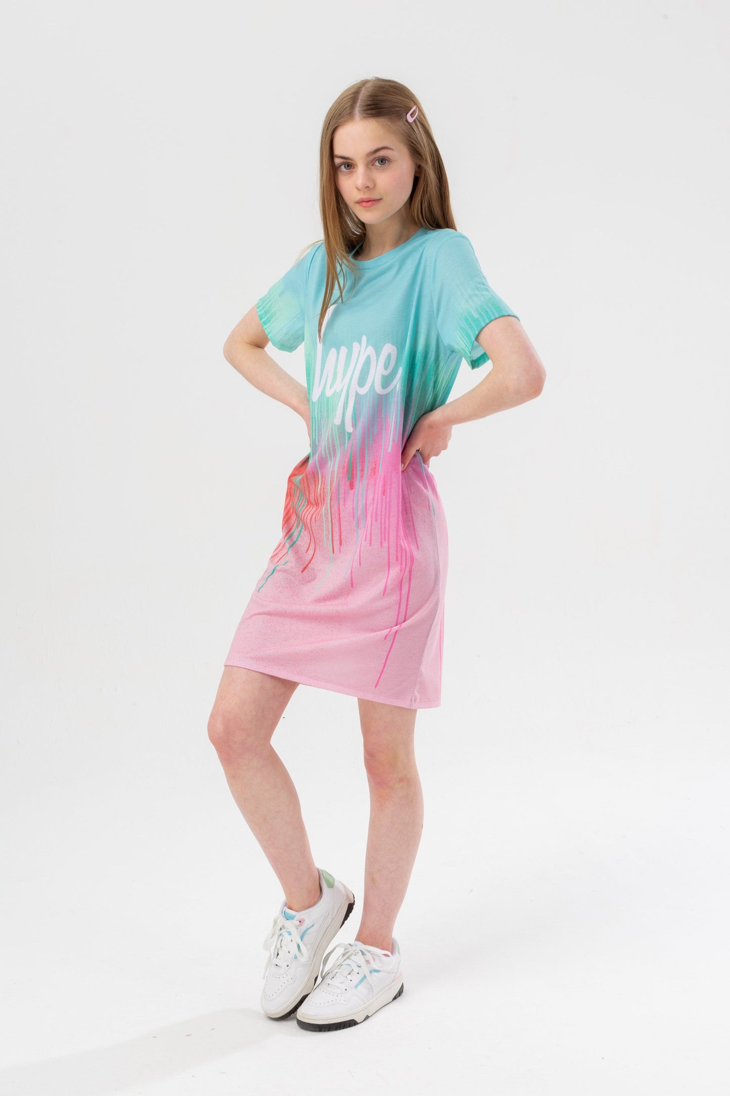 HYPE GIRLS PINK MINT DRIP SCRIPT T-SHIRT DRESS