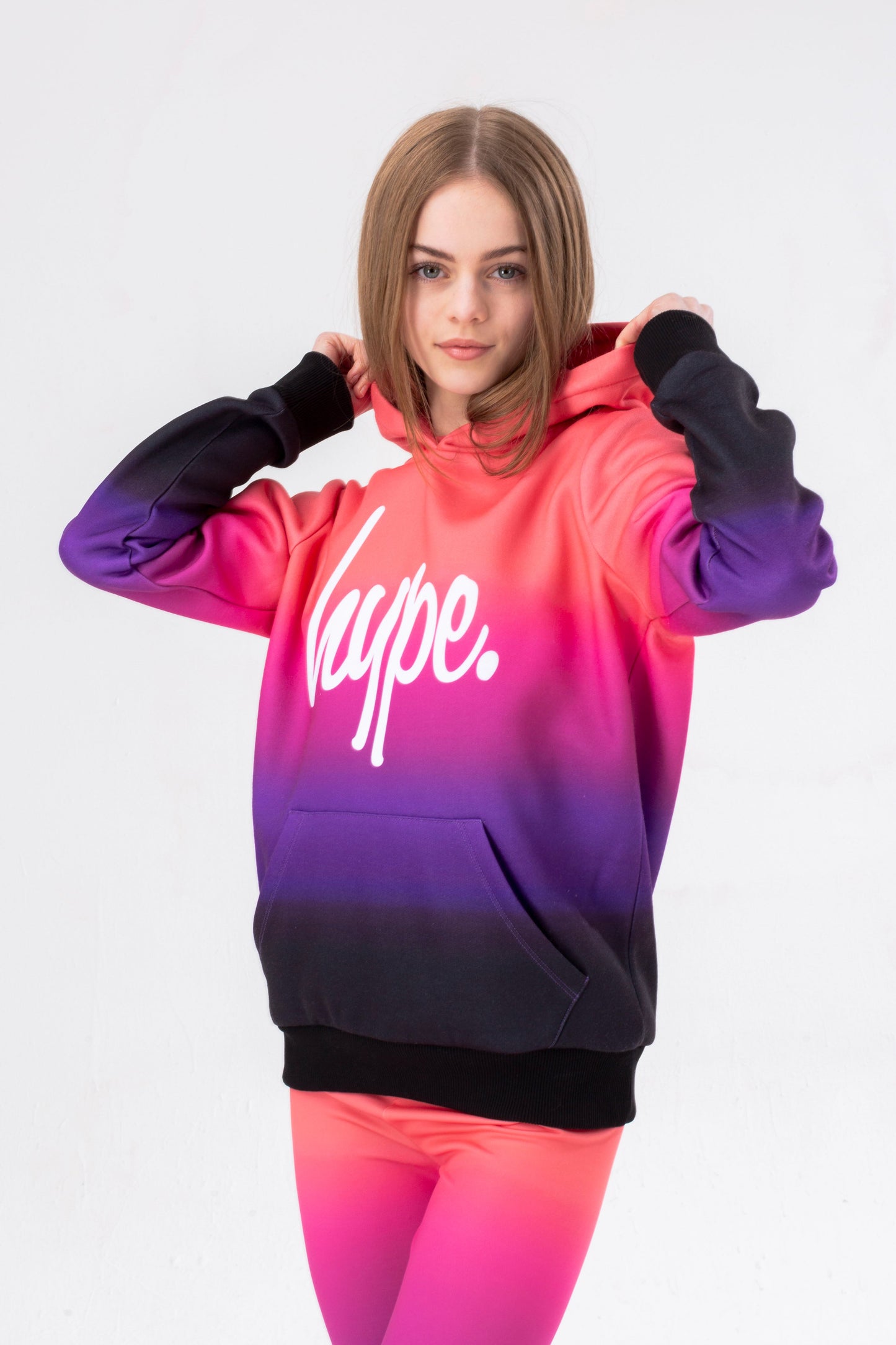 HYPE GIRLS PINK TO BLACK FADE SCRIPT HOODIE