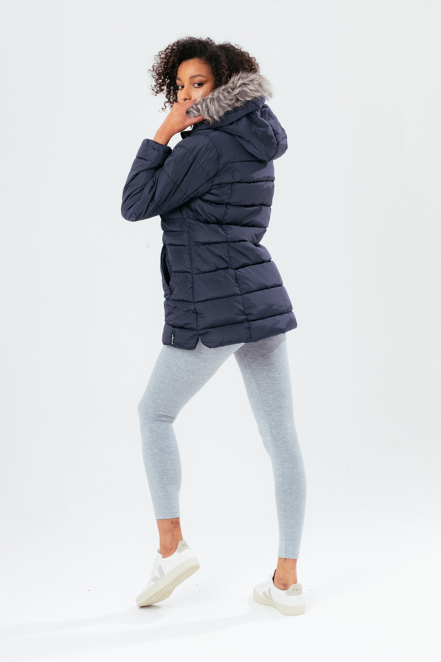 HYPE NAVY MID LENGTH WOMEN'S PADDED COAT WITH FUR