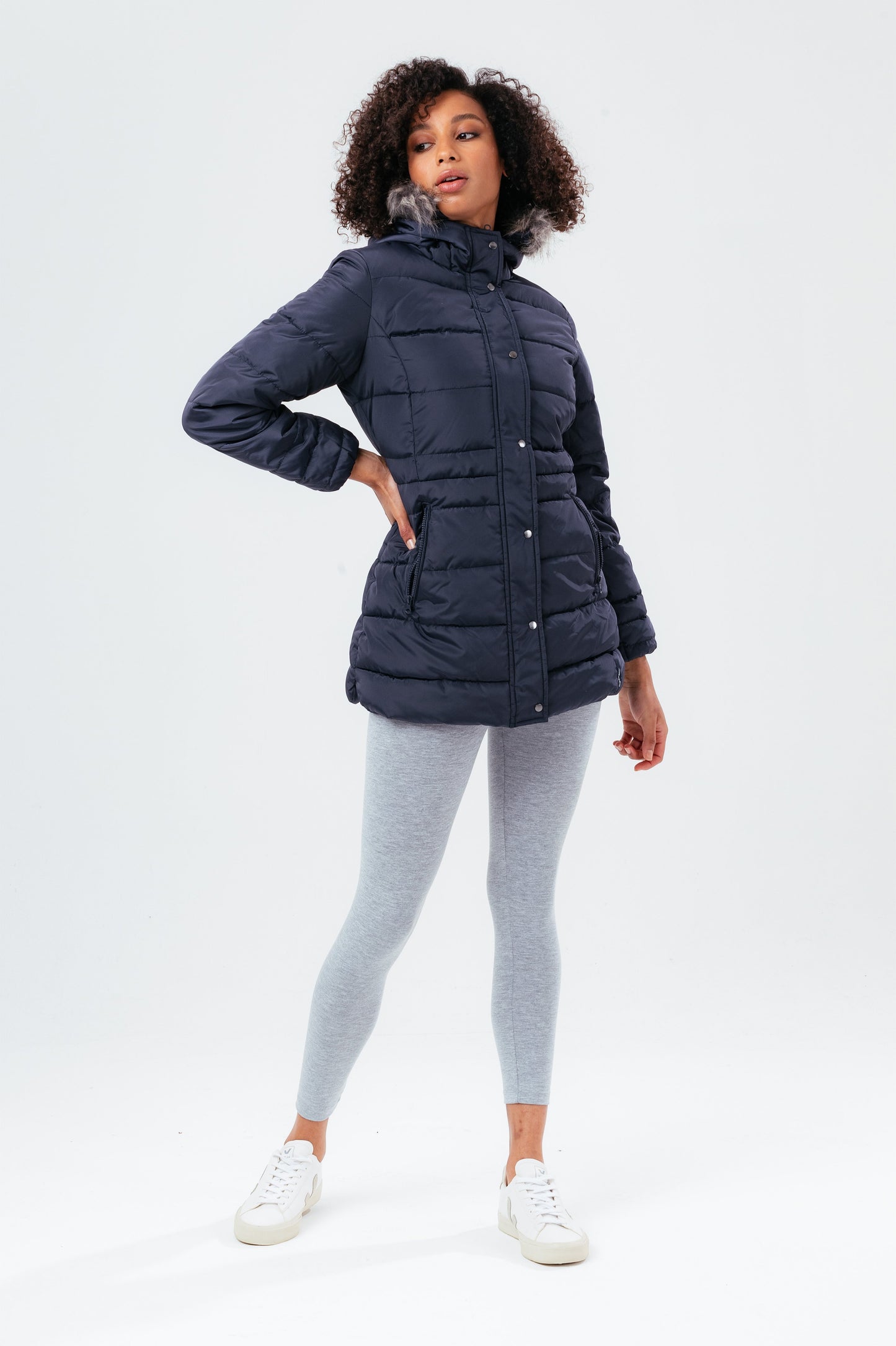 HYPE NAVY MID LENGTH WOMEN'S PADDED COAT WITH FUR