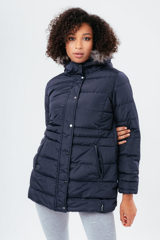 HYPE NAVY MID LENGTH WOMEN'S PADDED COAT WITH FUR