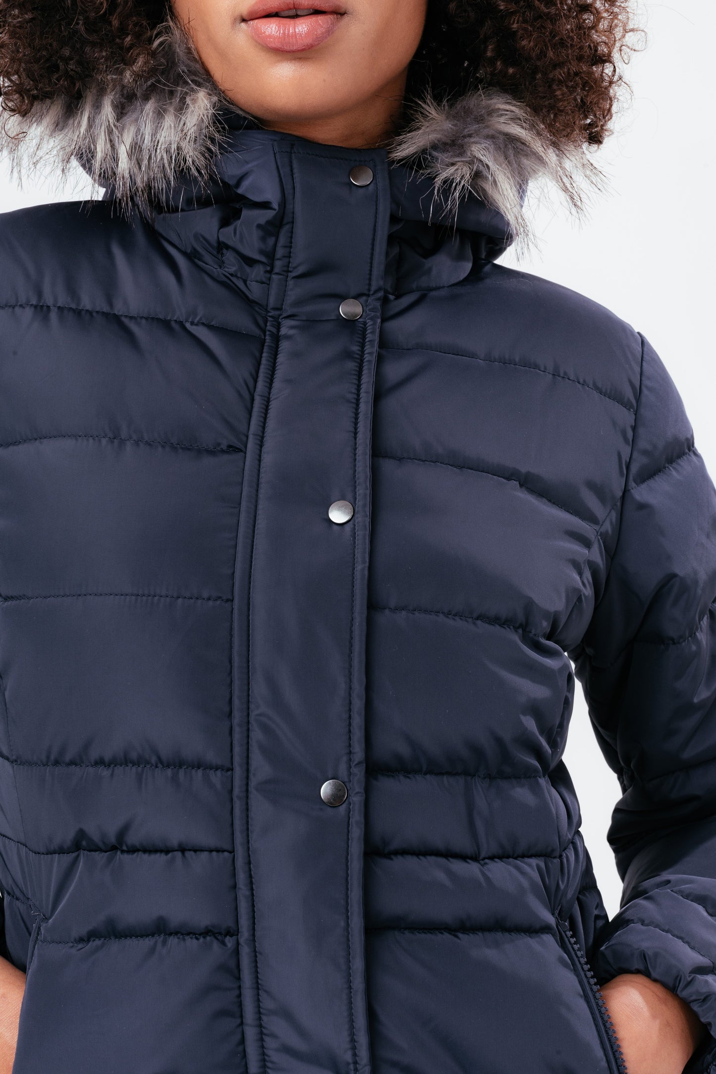 HYPE NAVY SHORT LENGTH WOMEN'S PADDED COAT WITH FUR