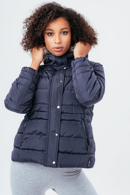 HYPE NAVY SHORT LENGTH WOMEN'S PADDED COAT WITH FUR