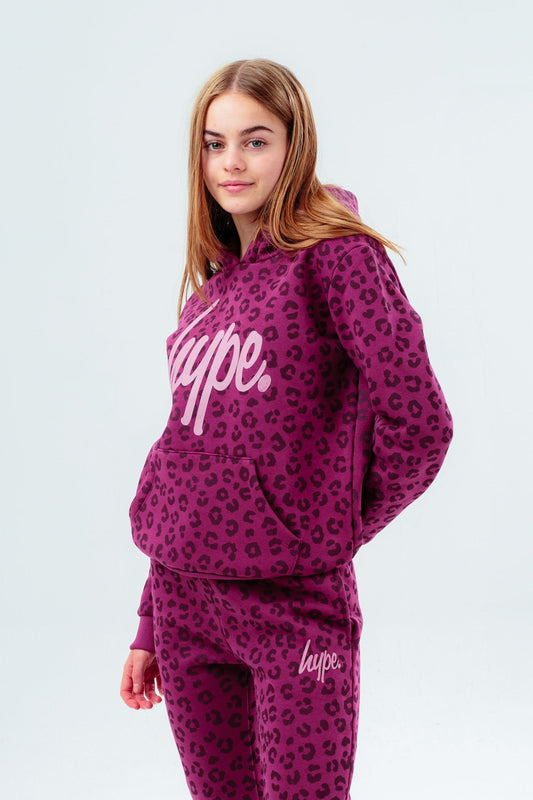 HYPE PURPLE TONAL LEOPARD SCRIPT GIRLS HOODIE