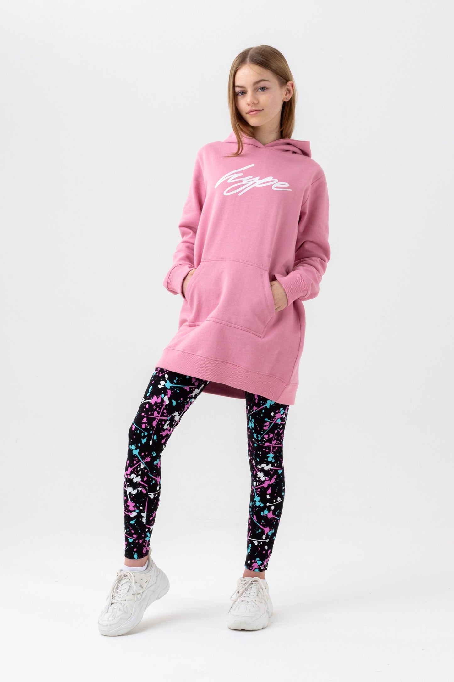 HYPE GIRLS PINK PAINT SPLATTER LONGLINE HOODIE & LEGGINGS