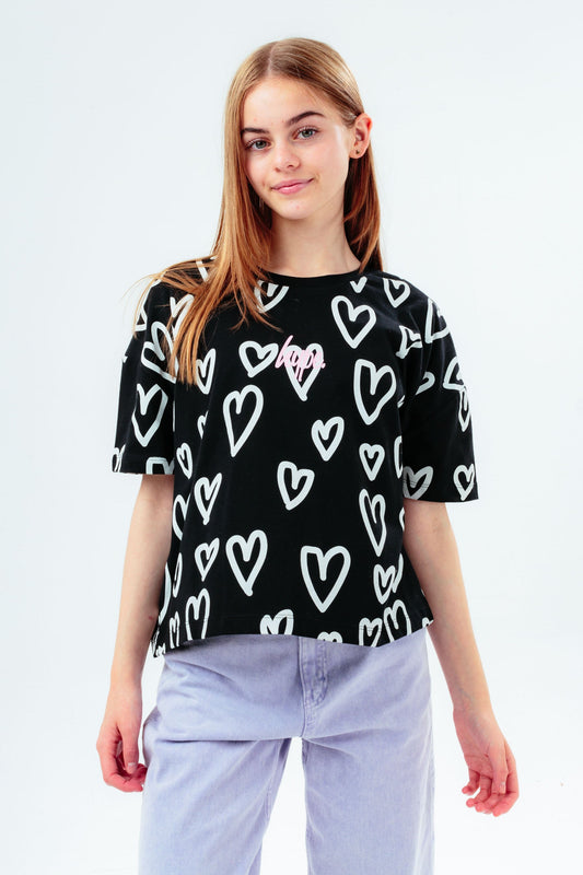 HYPE GIRLS BLACK SCRIPT HEART BOXY T-SHIRT