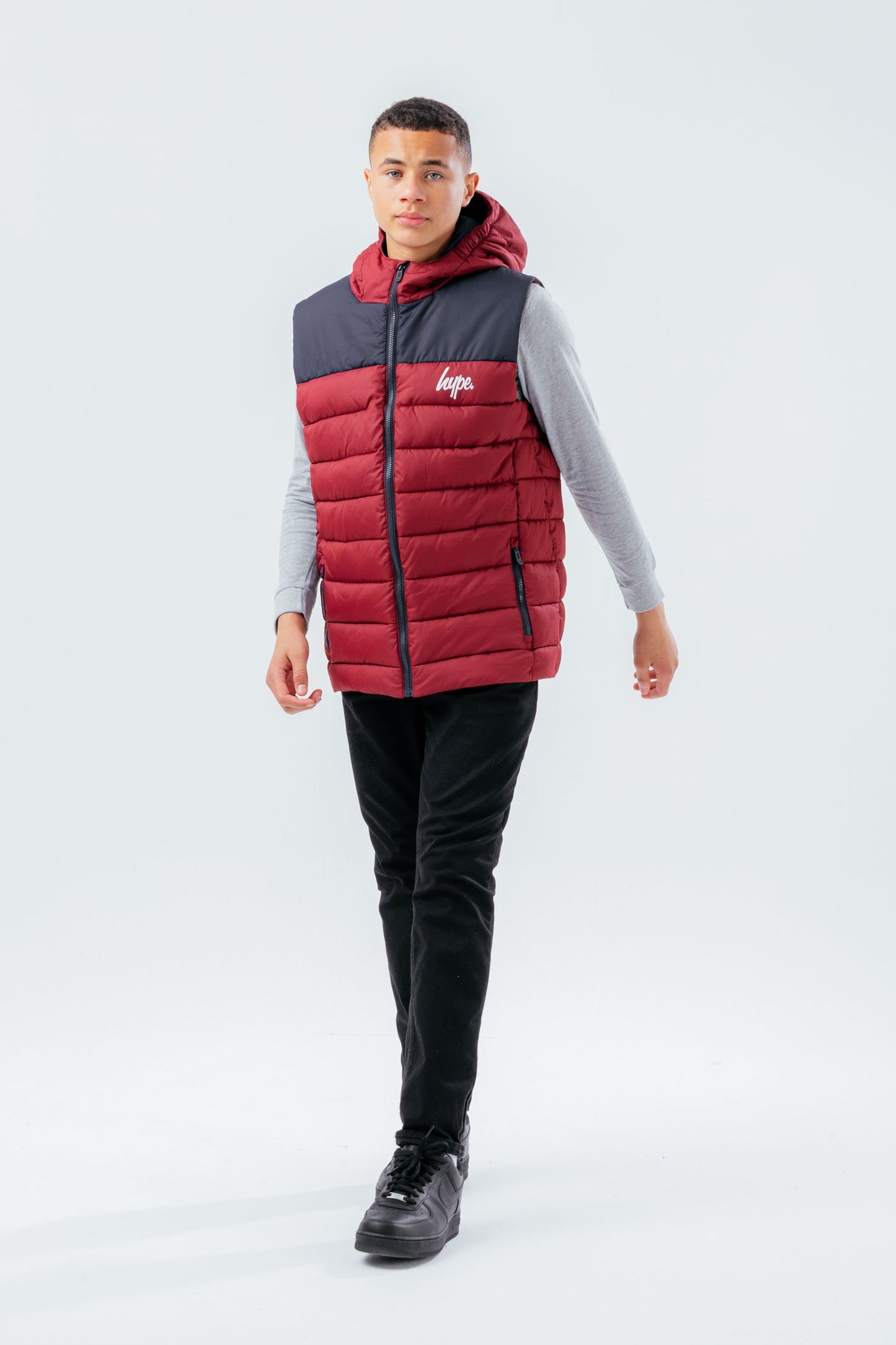 HYPE BURGUNDY NAVY KIDS GILET WITH DETACHABLE HOOD