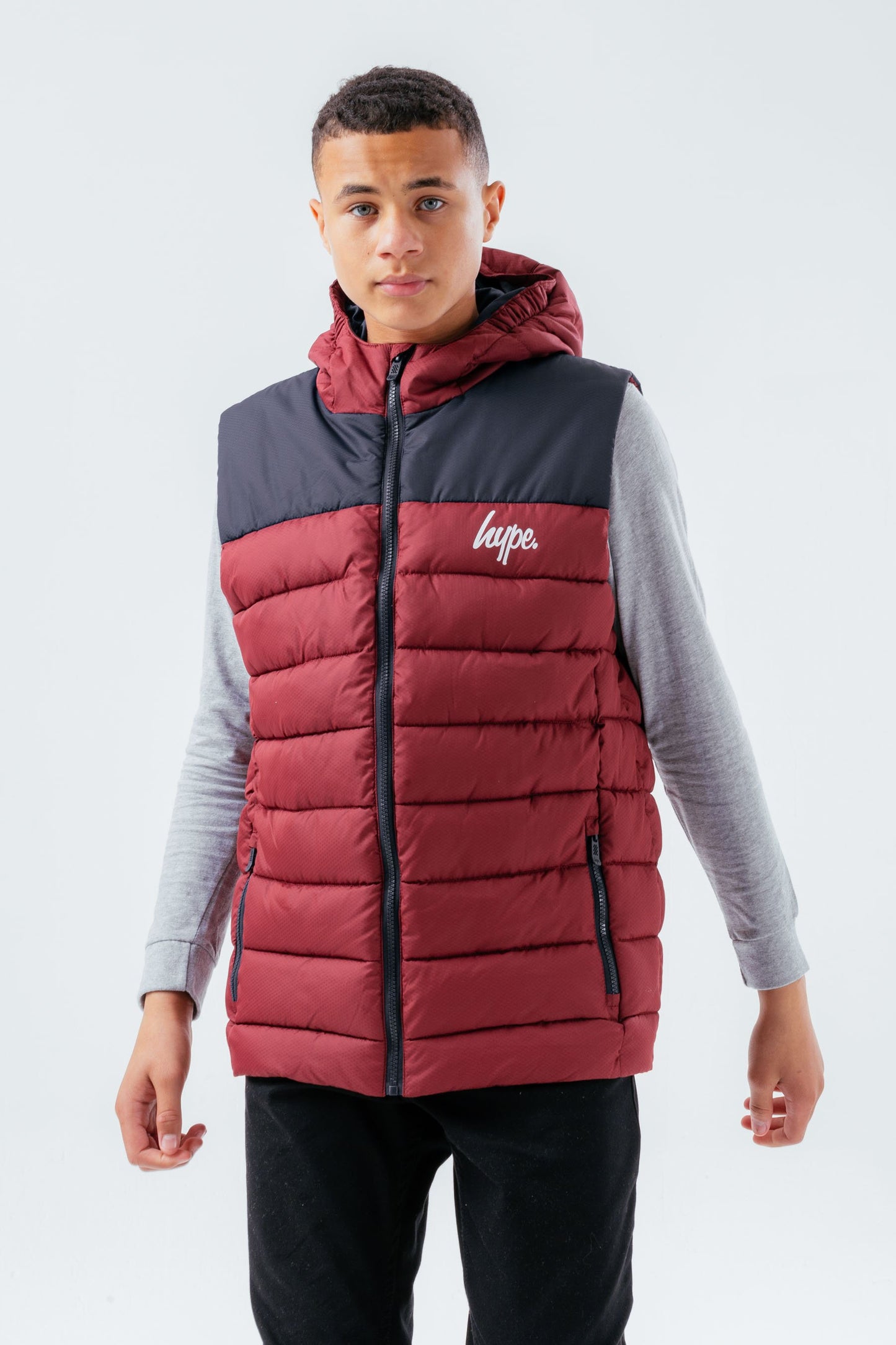 HYPE BURGUNDY NAVY KIDS GILET WITH DETACHABLE HOOD