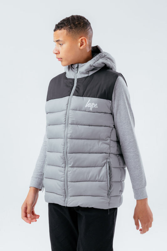 HYPE GREY BLACK KIDS GILET WITH DETACHABLE HOOD