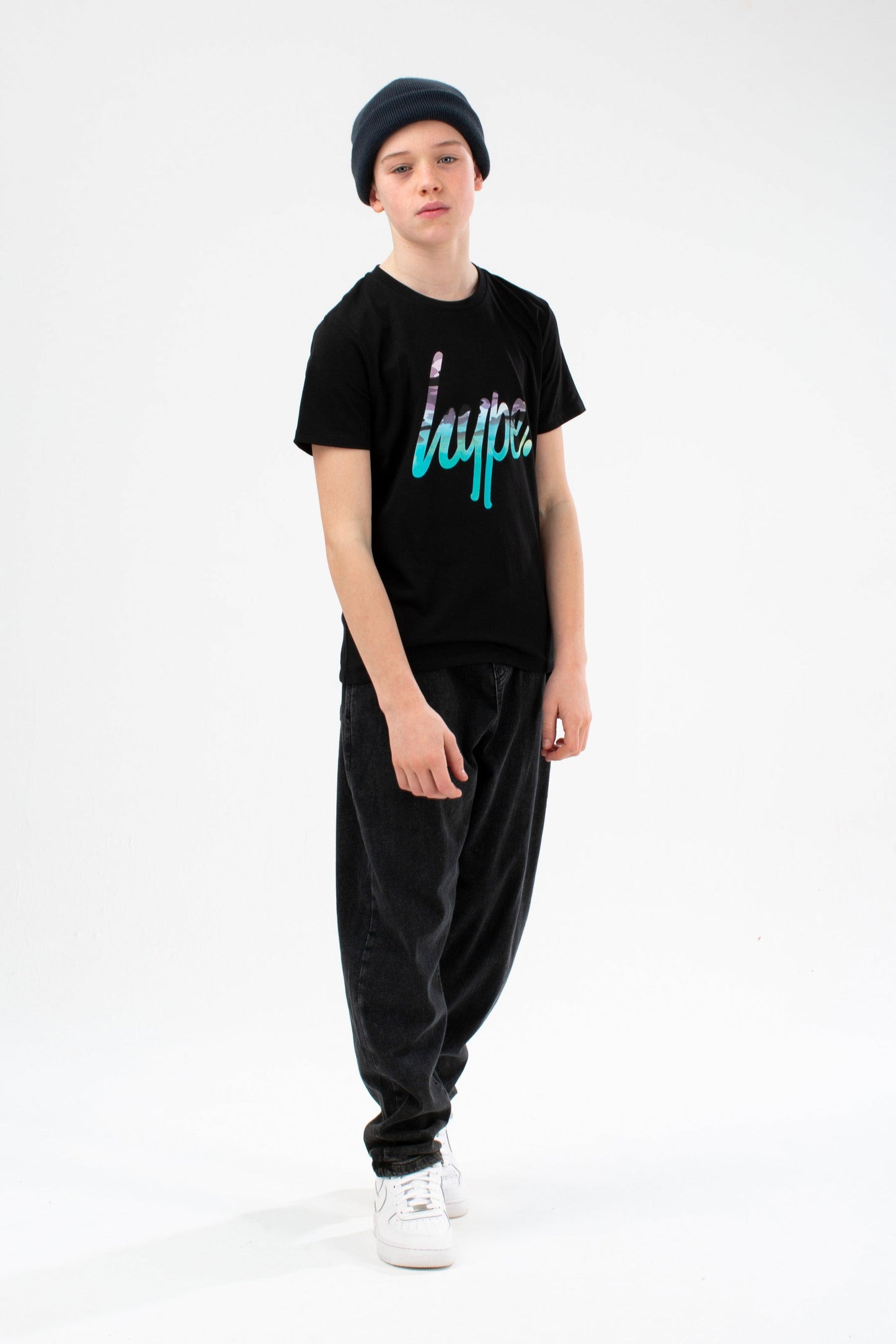 HYPE BOYS BLACK TEAL CAMO SCRIPT T-SHIRT