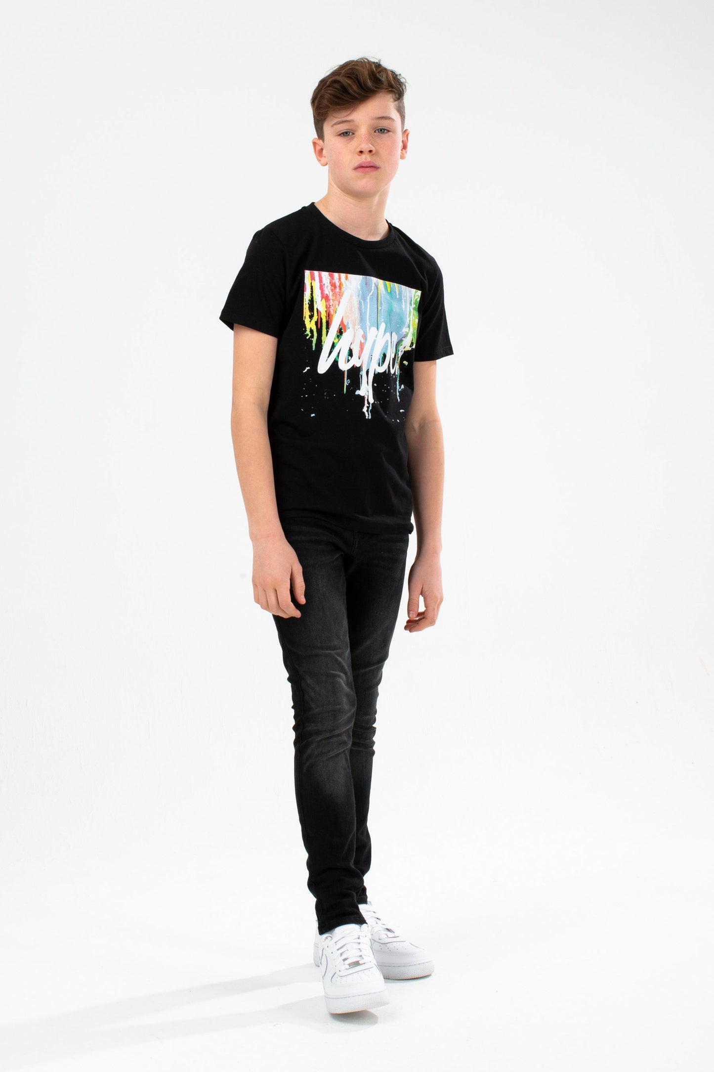 HYPE BOYS BLACK MULTI BOX DRIP SCRIPT T-SHIRT