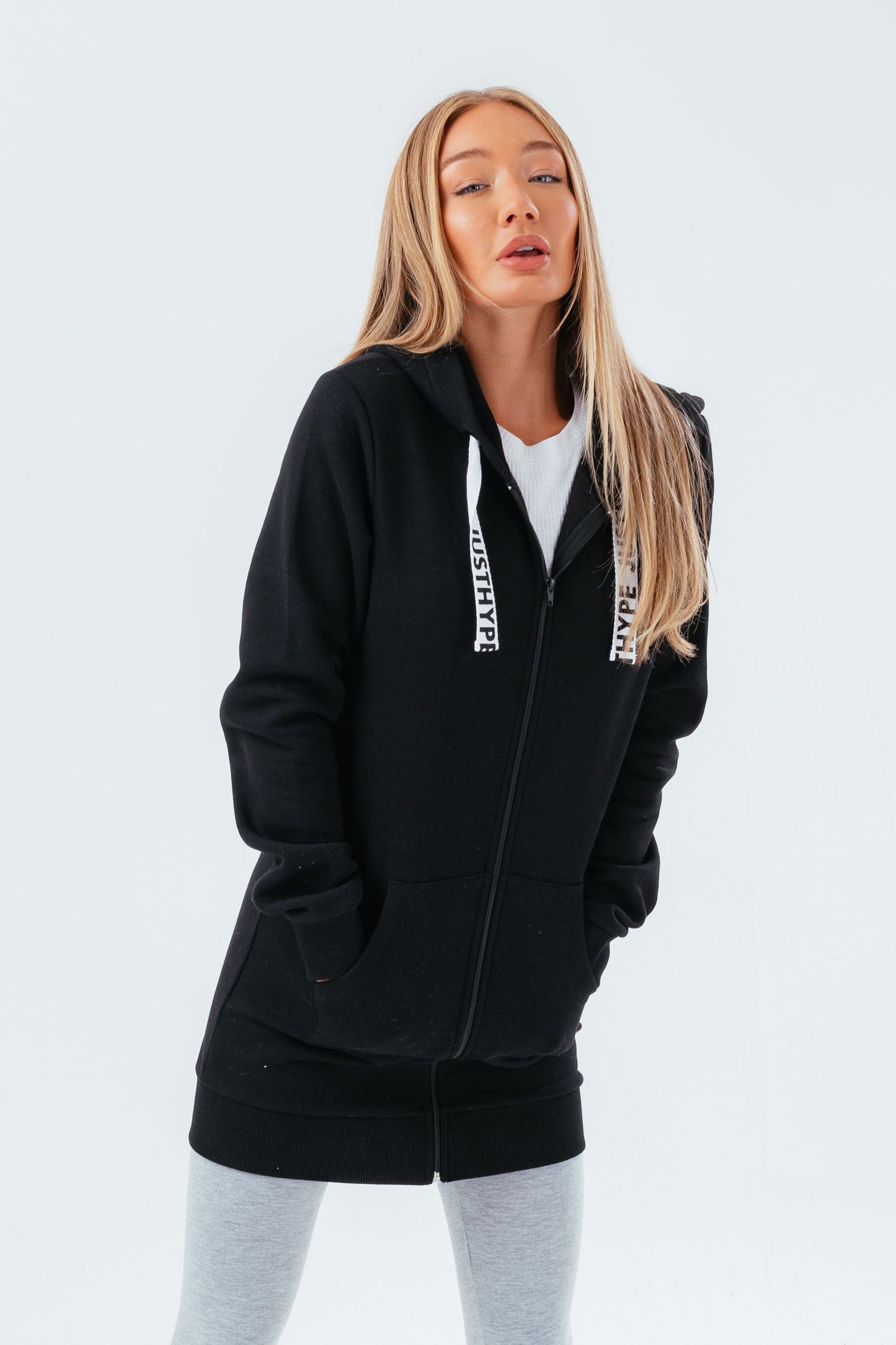 HYPE BLACK LONG LINE ZIP BRANDED DRAWSTRING WOMEN'S HOODIE