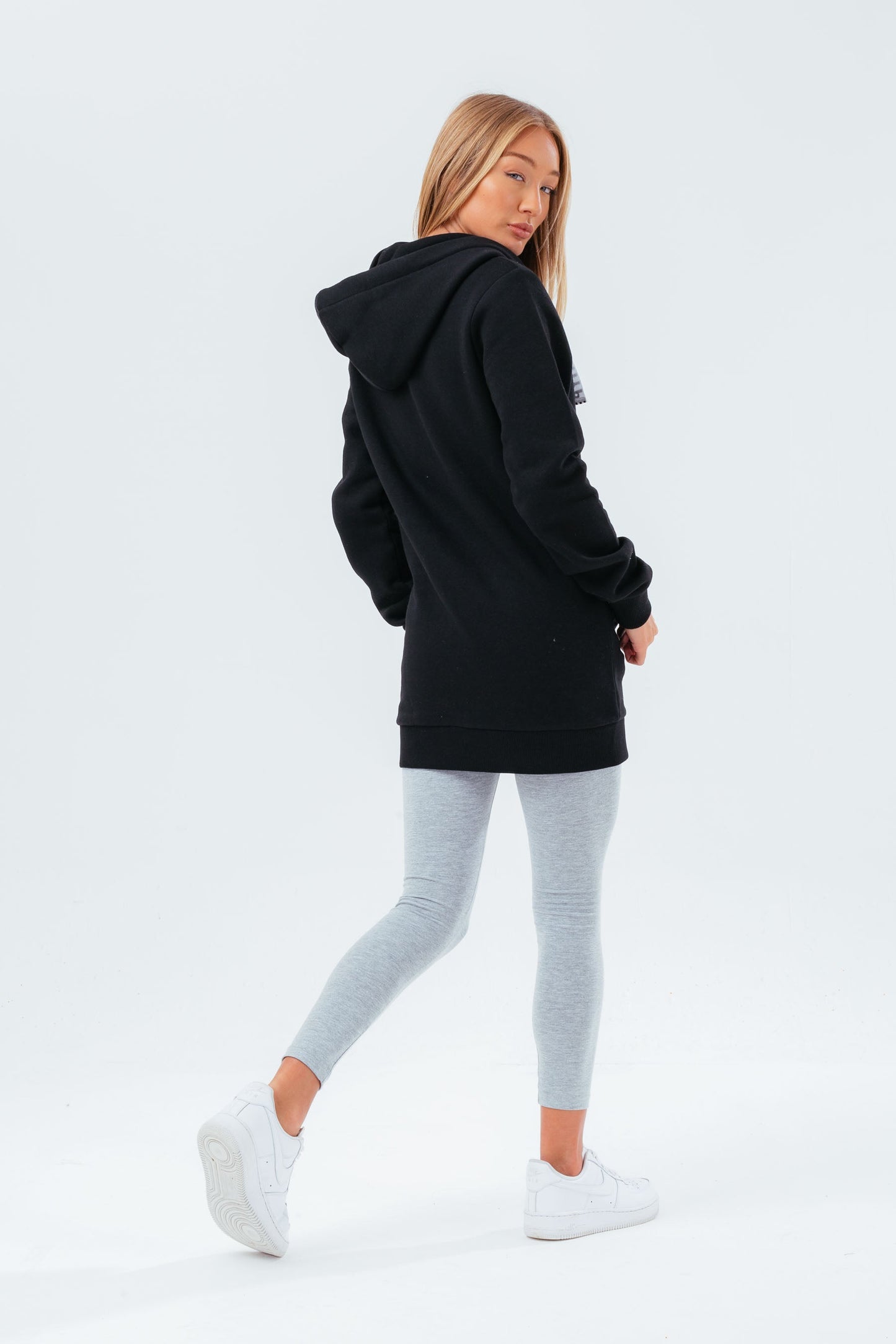 HYPE BLACK LONG LINE ZIP BRANDED DRAWSTRING WOMEN'S HOODIE