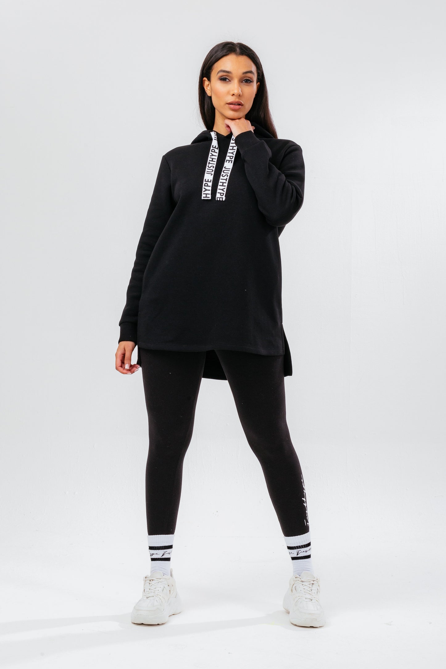 HYPE BLACK LONG LINE SIDE SPLIT BRANDED DRAWSTRING WOMEN'S HOODIE