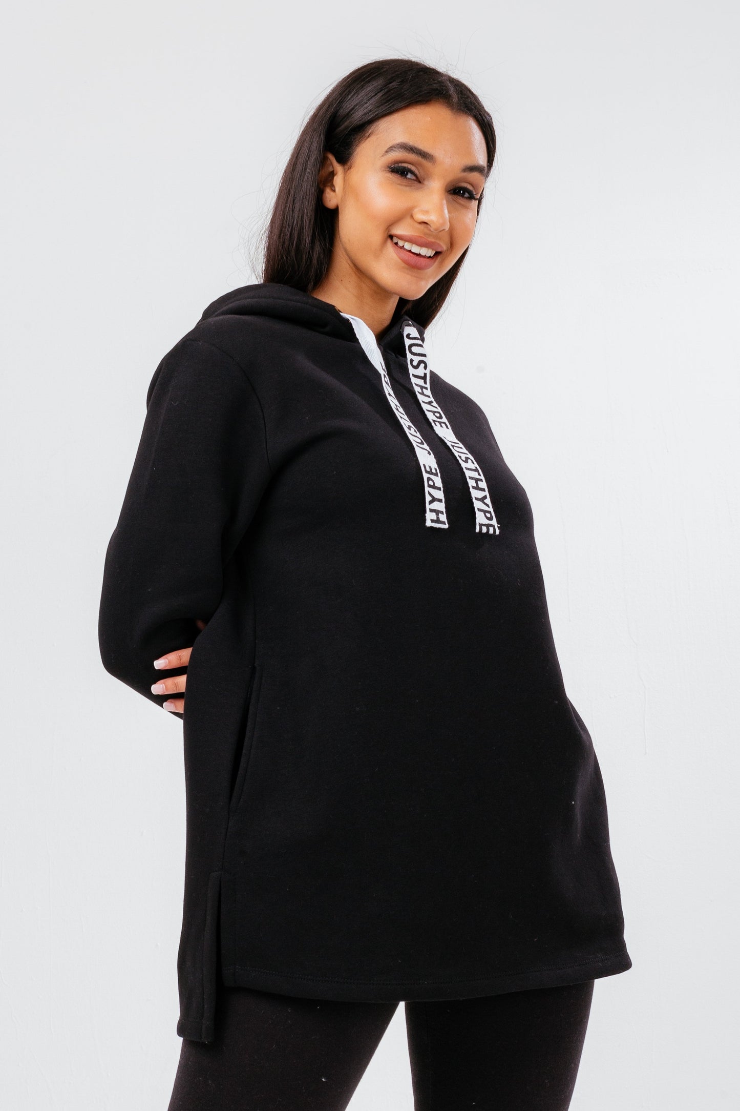 HYPE BLACK LONG LINE SIDE SPLIT BRANDED DRAWSTRING WOMEN'S HOODIE