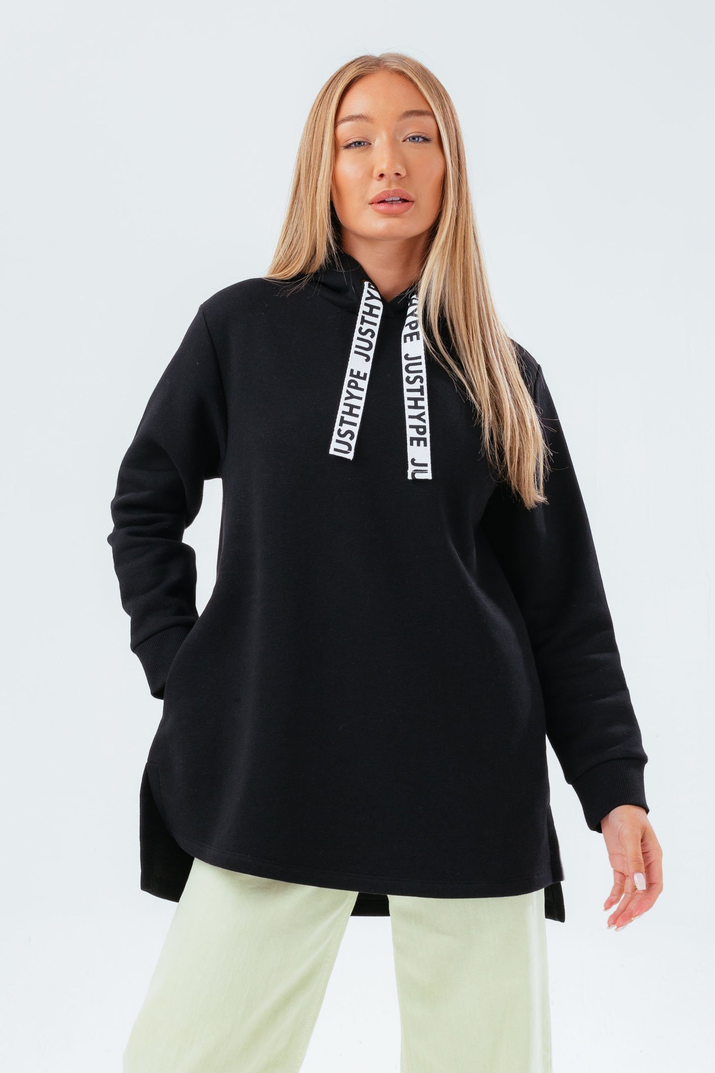 HYPE BLACK LONG LINE SIDE SPLIT BRANDED DRAWSTRING WOMEN'S HOODIE