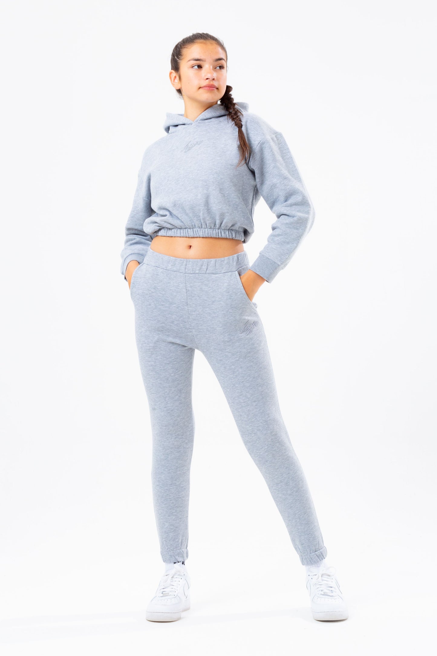 HYPE GREY ELASTICATED WAIST GIRLS CROP PULLOVER HOODIE