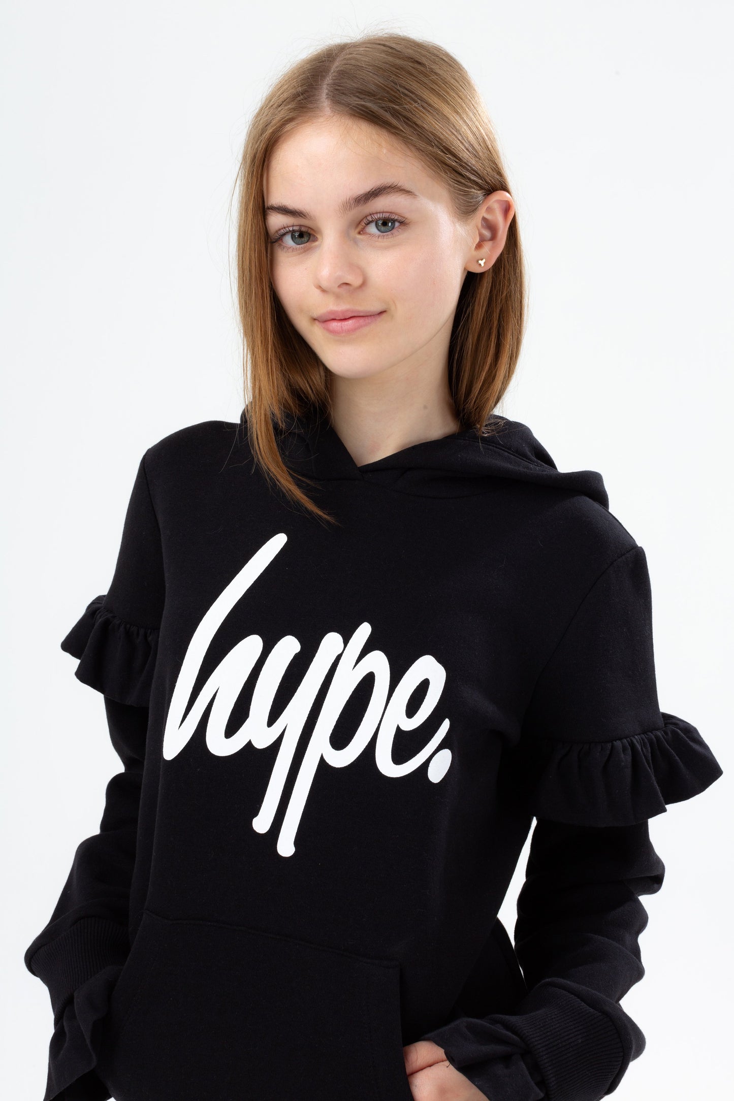 HYPE GIRLS BLACK SCRIPT FRILL HOODIE