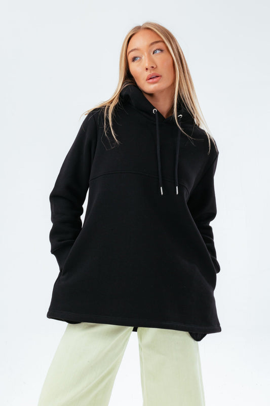 HYPE BLACK OVERSIZED OPEN HEM SCRIBBLE WOMEN'S HOODIE