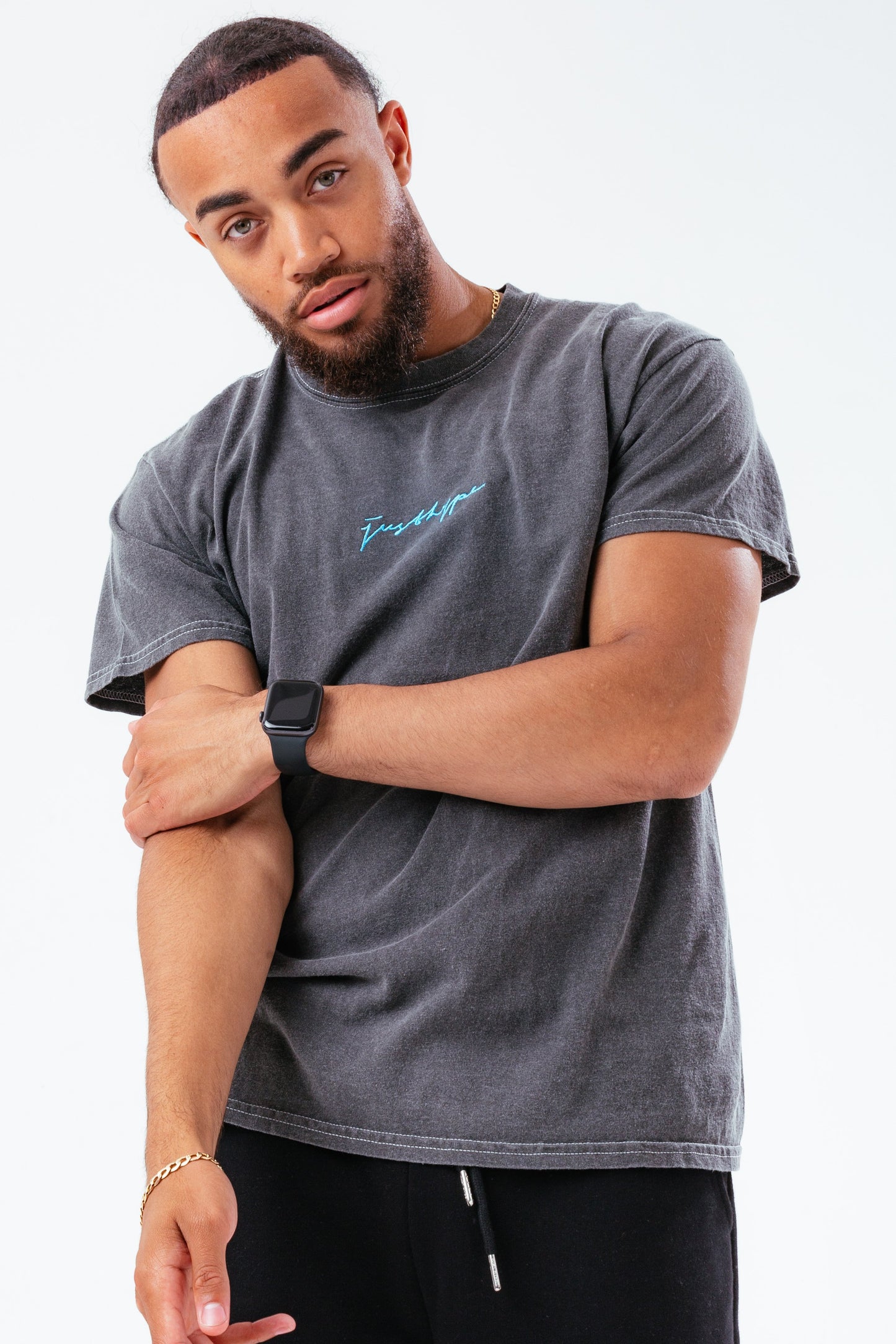 HYPE WASHED GREY SCRIBBLE LOGO EMBROIDERY MEN'S T-SHIRT