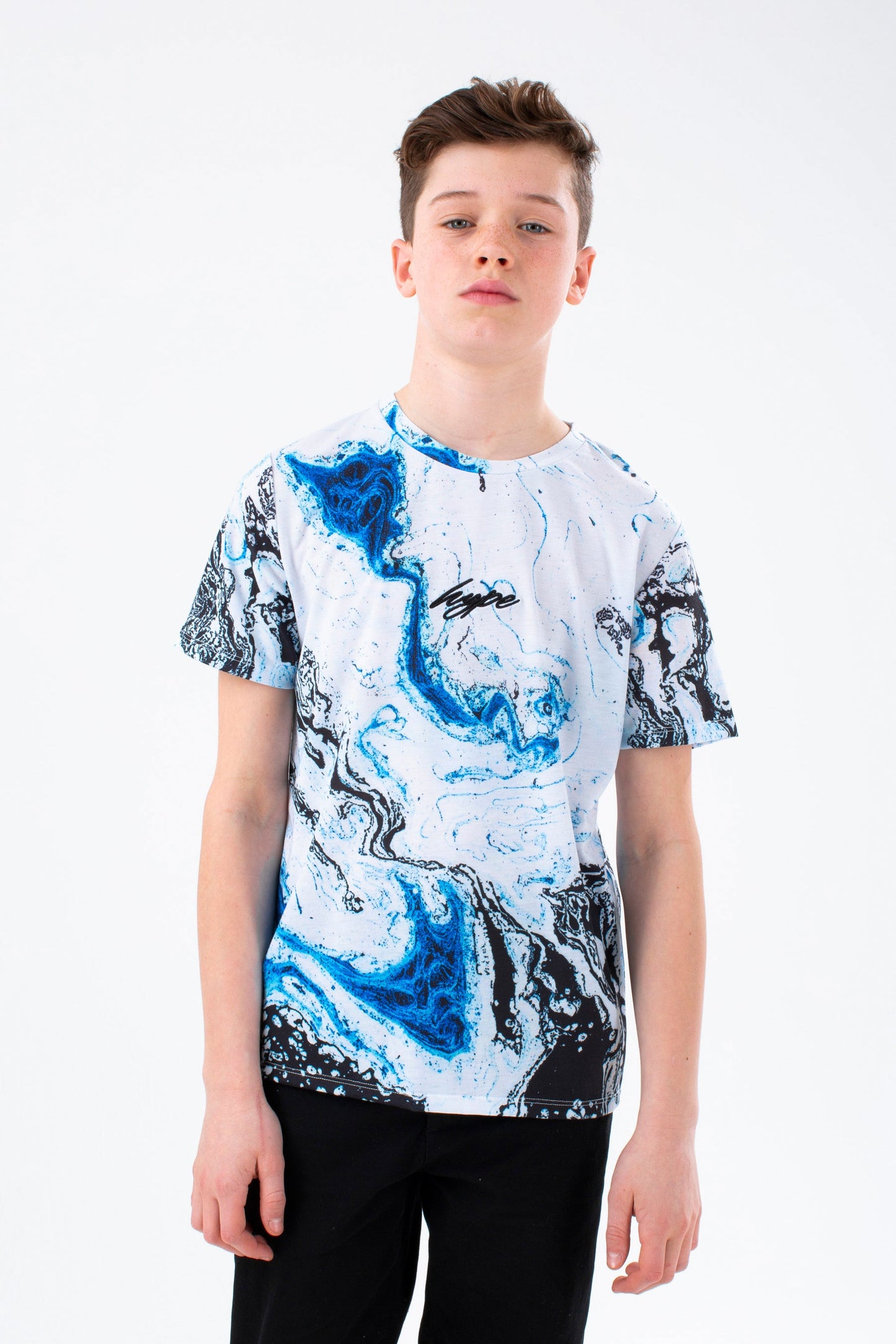 HYPE BOY WHITE BLUE MARBLE SCRIPT T-SHIRT