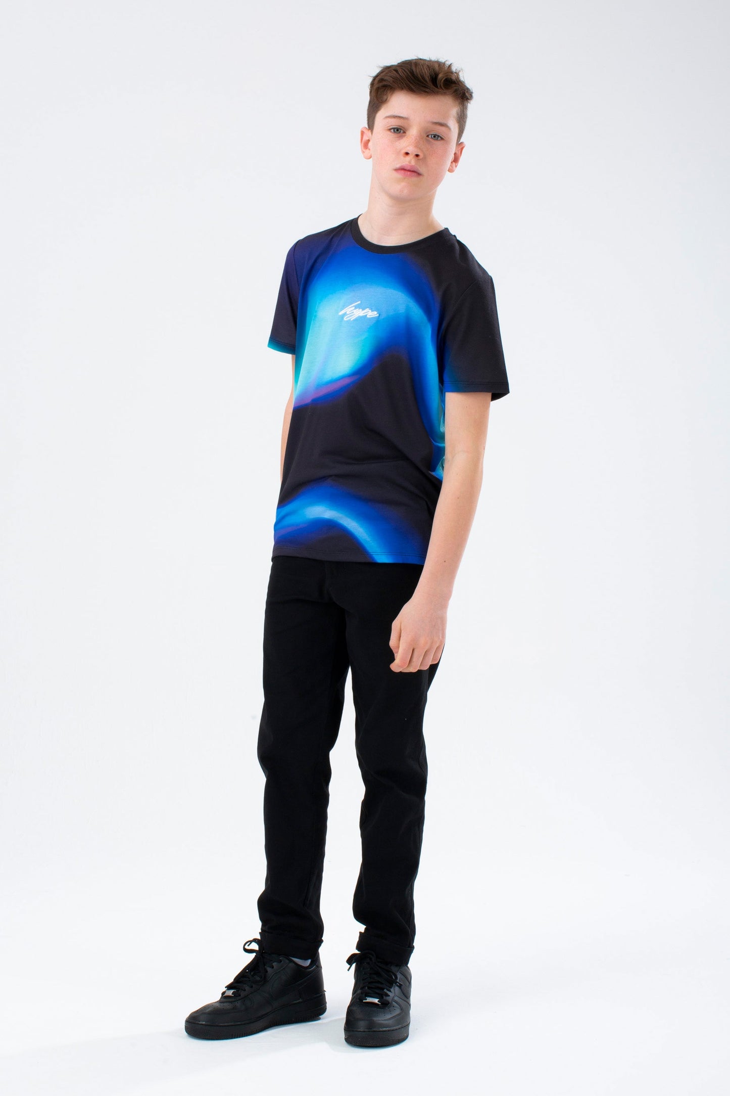 HYPE BOYS BLACK BLUE MERGE SCRIPT T-SHIRT