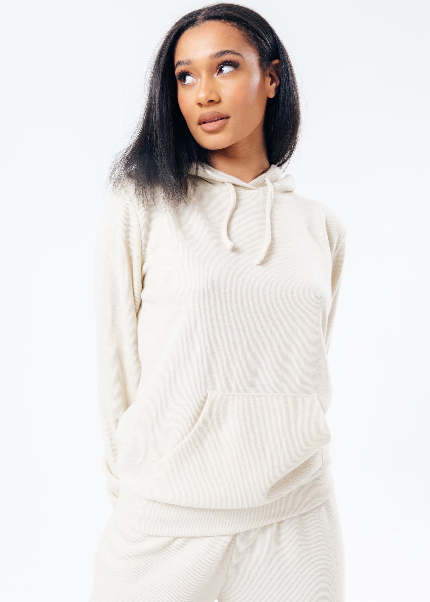 HYPE BEIGE KNITTED WOMEN'S PULLOVER HOODIE