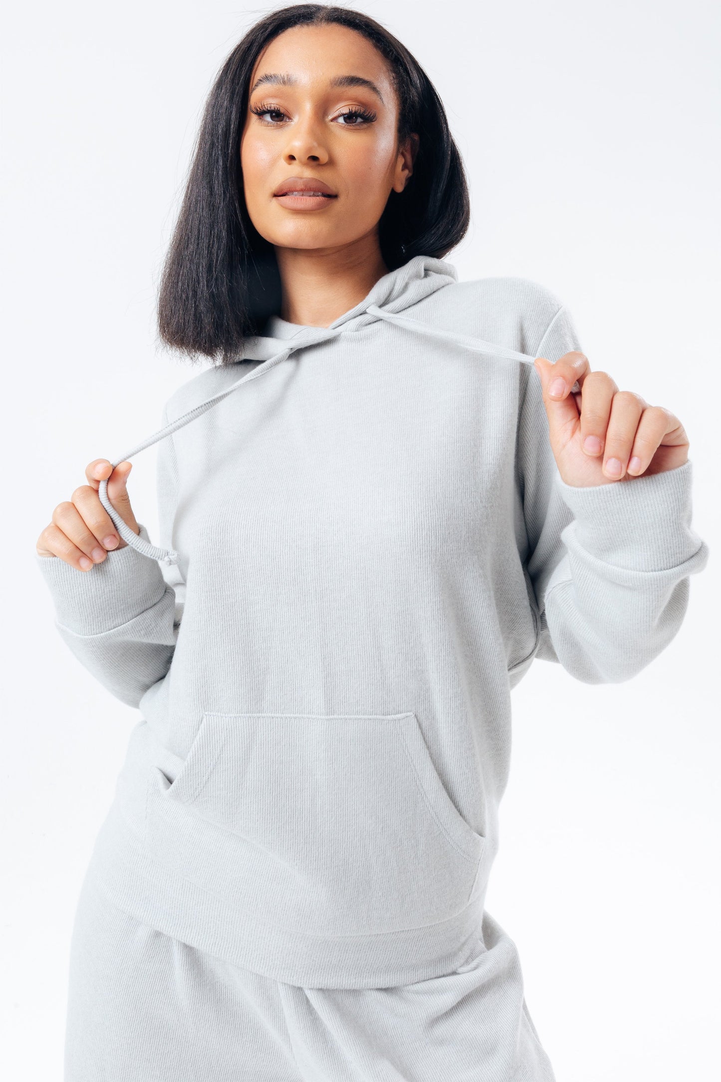 HYPE GREY KNITTED WOMEN'S PULLOVER HOODIE