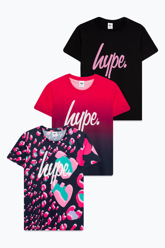 HYPE GIRLS PINK FADE & GROOVY LEOPARD SCRIPT T-SHIRT THREE PACK