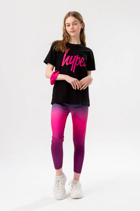 HYPE GIRLS BLACK TO PINK FADE SCRIPT T-SHIRT& LEGGINGS & SCRUNCHIE SET