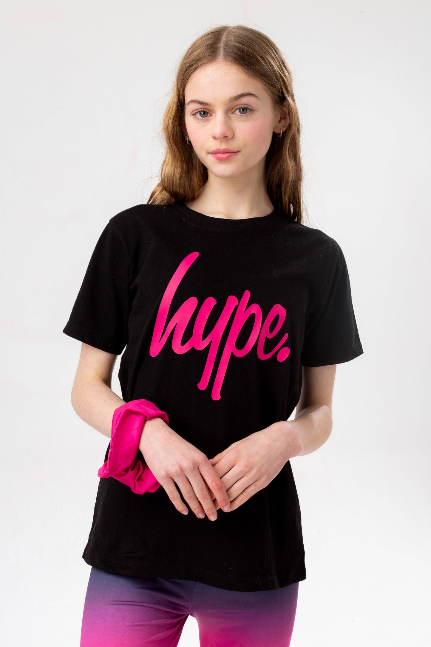 HYPE GIRLS BLACK TO PINK FADE SCRIPT T-SHIRT& LEGGINGS & SCRUNCHIE SET