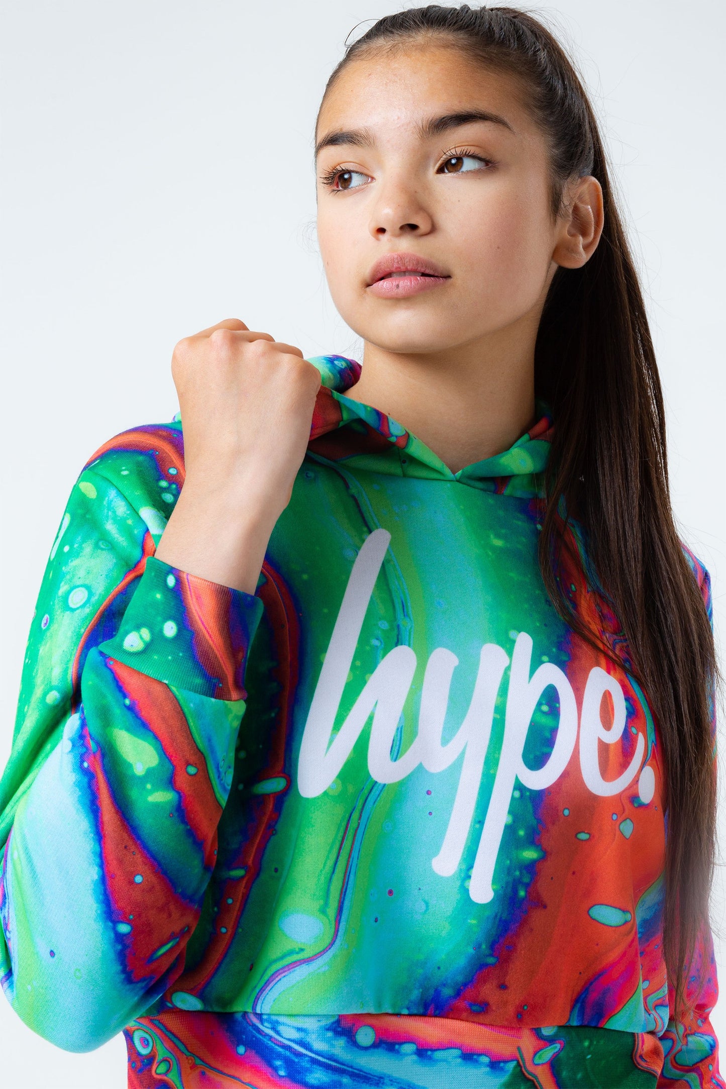 HYPE CORAL MARBLE GIRLS CROP PULLOVER HOODIE