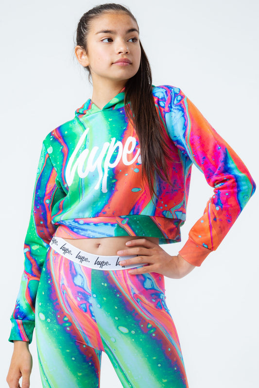 HYPE CORAL MARBLE GIRLS CROP PULLOVER HOODIE