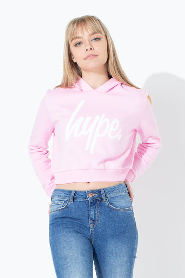 Hype Pink White Script Kids Crop Hoodie